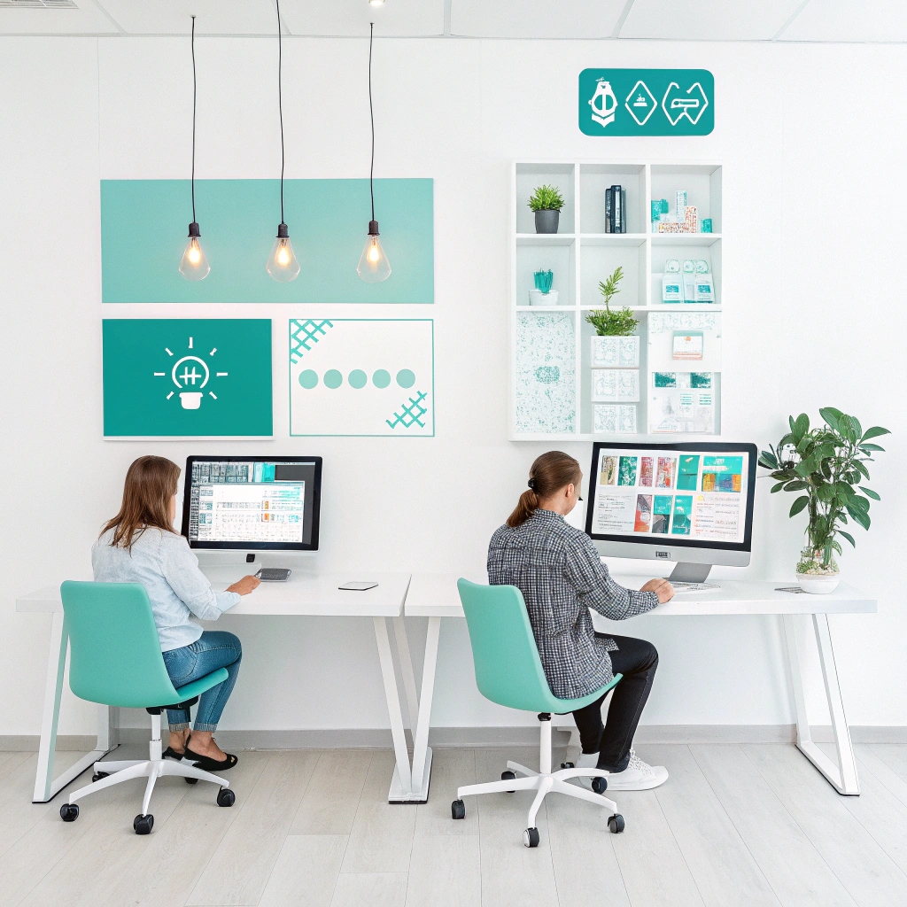 نمایی از دفتر خلاقانه طراحی سایت HAMWebsite با طراحان در حال کار، مانیتورهایی با کد C#، طرح‌های رابط کاربری و رنگ‌بندی آبی فیروزه‌ای