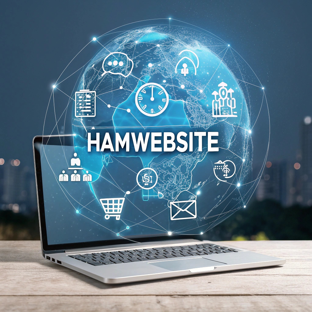 تصویر مفهومی از طراحی سایت حرفه‌ای با لوگوی HAMWebsite و نمادهای دیجیتال مارکتینگ